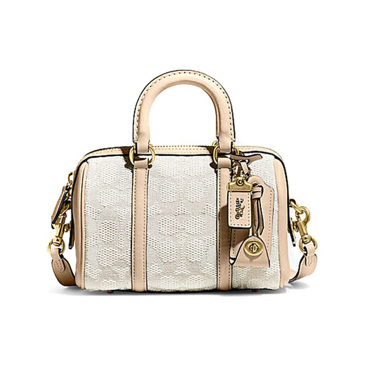 COACH Ruby 18 Zipper closure classic logo Jacquard fabric with cow leather Boston bag hand-held shoulder slant gift box (basic + black counter gift box) Default