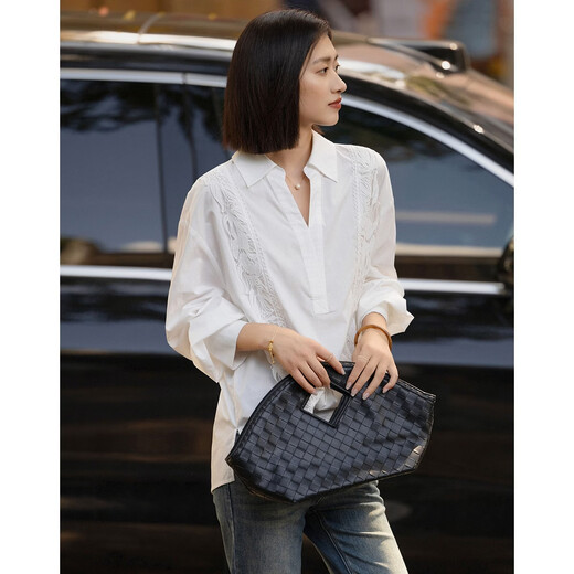 Demana 100 pure cotton spring cool and smart V-shaped lapel outer shirt lace decorated women's shirt