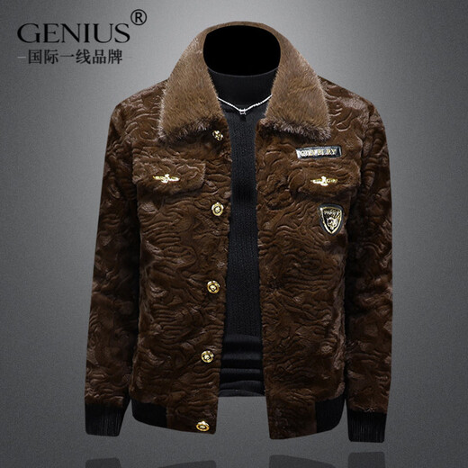 GENIUS国际一线品牌金貂绒外套男皮毛一体2025新款男士貂绒夹克高端冬装 棕色 M 【100-125斤】