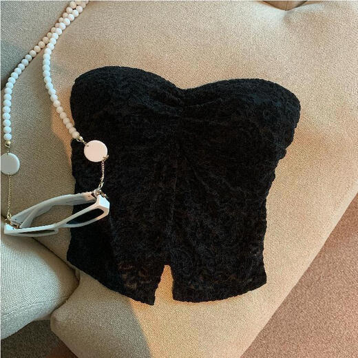 Summer retro lace slit tube top women's sweet elastic breast-wrapped top with breast pads and beautiful back bottoming shirt black S
