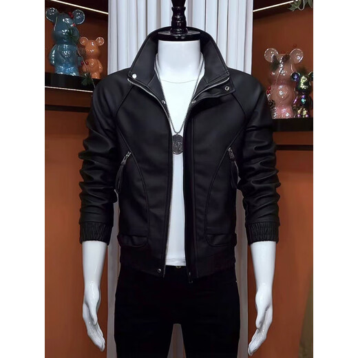 Playboy Men's Leather Jacket Autumn and Winter New Men's Leather Jacket Korean Style Slim Casual High-Level Tops Puffy and Trendy Black (No Velvet) Spring and Autumn Style S 90-115Jin Jin is equal to 0.5 kg