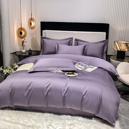 He Jiagong high-end simple solid color four-piece set 1.8m pure cotton three-piece set 0.9m bedding custom-made Austrian gray + khaki bed sheet style (quilt cover 150*200cm) 5-1