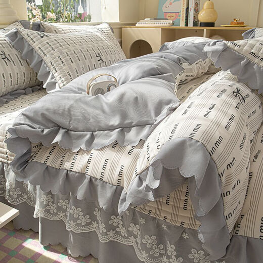 Fantasy French lace knitted double-layer gauze quilt cover three-piece single and double quilt cover princess style floral single and double quilt cover min gray single quilt cover 200x230cm
