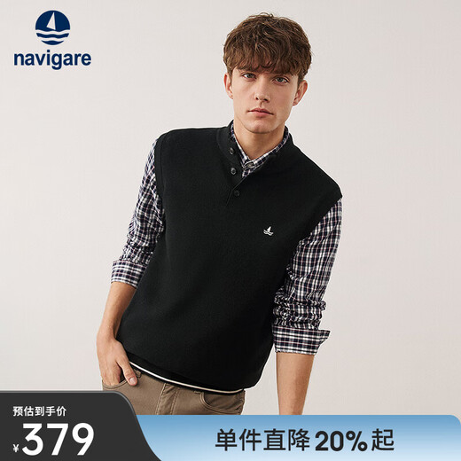 Navigare italienische Dinghy-Strickweste für Herren, Herbst und Winter, halboffener Kragen, Weste mit lässigem, ärmellosem Strickpullover, dunkles Nachtschwarz, Größe L