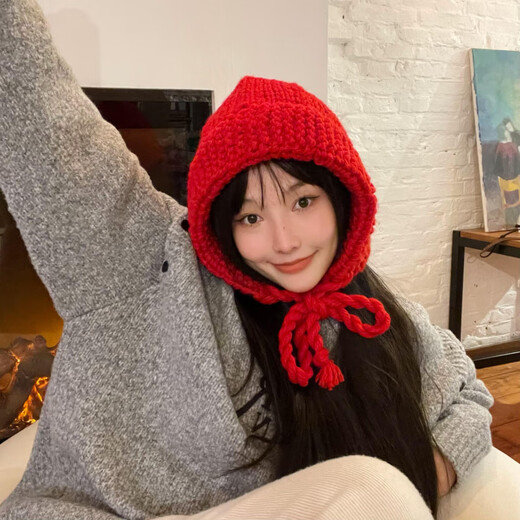 Shang Xuan Korean style autumn and winter Baotou hat women's warm knitted hat woolen hat fashionable face small Japanese trend big red one size