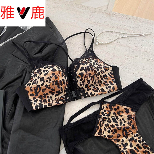 Yalu Front Button Beautiful Back Small Breast Push Up Underwear Feminine Leopard Print Lace Wireless Large Push Up Bra Set Leopard Print Set M 34/75AB Through Cup (Thickness 2c)