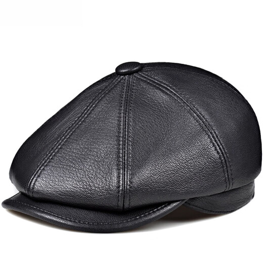 Saimandie men's high-end genuine leather cap, genuine leather octagonal hat for middle-aged and elderly people, retro newsboy hat, sheepskin painter hat, black L (55-56cm)