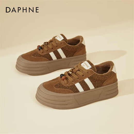 DAPHNE Daphne winter velvet and height-increasing cotton shoes for women 2025 new American campus thick-soled all-match casual sports moral training sneakers caramel color velvet heel height 4cm 35 (225mm)