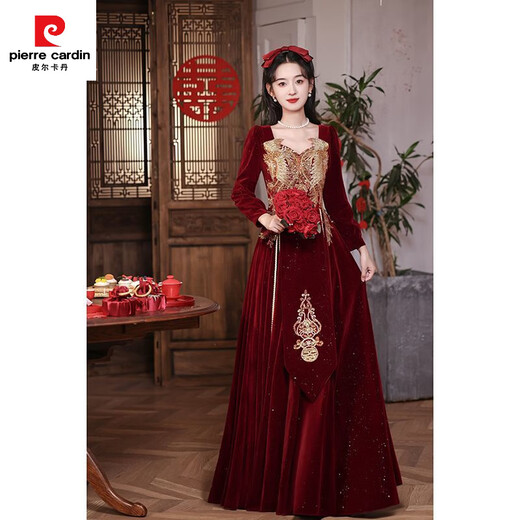 Pierre Cardin (pierre cardin) large size toast dress bride wedding burgundy long-sleeved velvet fat mm new Chinese style homecoming dress engagement dress for women spring burgundy one-size-fits-all private customization non-refundable and non-exchangeable