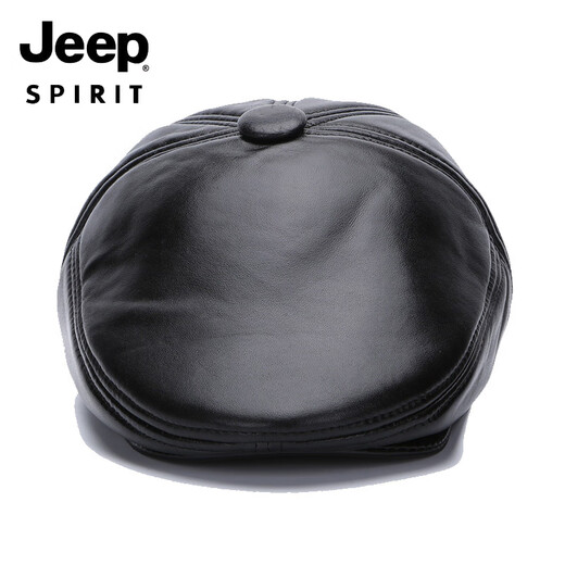 JEEP SPIRIT light luxury genuine leather hat men's middle-aged and elderly hat sheepskin beret casual peaked cap winter outdoor warm front black M extra large (61-62c)