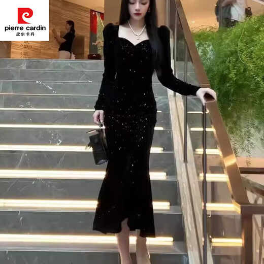 Pierre Cardin New Year's shirt Hepburn style velvet little black dress temperament slim dress long skirt French hip dress women autumn and winter black M 100-110Jin Jin is equal to 0.5 kg