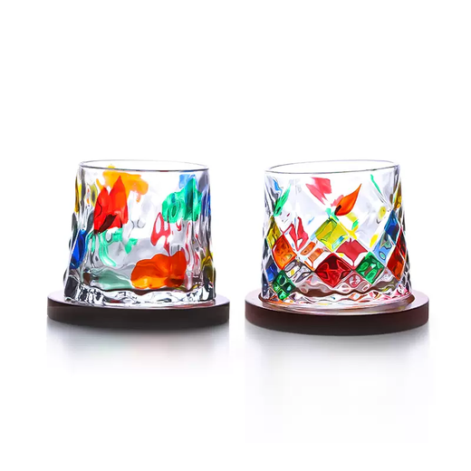 Yusen Yi Water Cup Rotating Twist Cup Wine Glass Retro Painting丨Whiskey Vianna Wine Glass Neal Gift NEAL Tree Pattern Contrast Color-Check (Pair) 1L 1 Piece