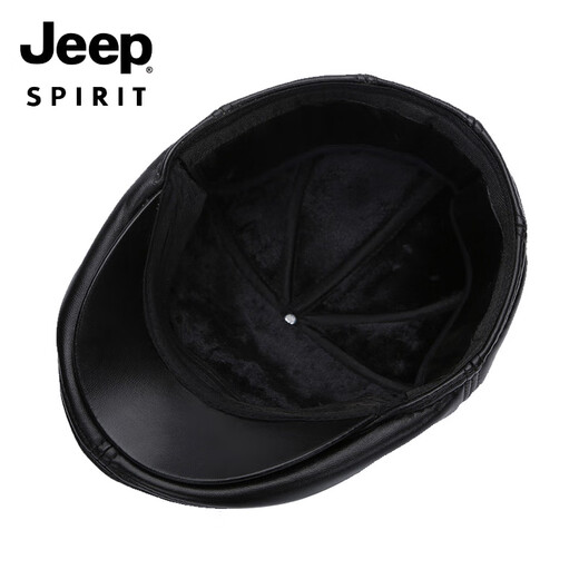 JEEP SPIRIT light luxury genuine leather hat men's middle-aged and elderly hat sheepskin beret casual peaked cap winter outdoor warm front black M extra large (61-62c)