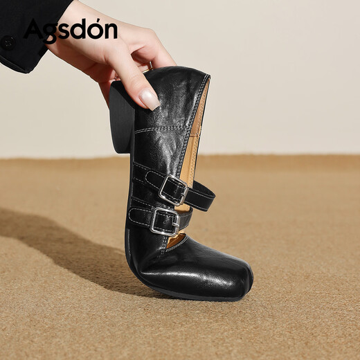 Augu Shiden Mary Jane shoes for women spring new style retro temperament versatile ballet style shallow low heel single shoes square toe pig nose women's shoes P561129 black 35