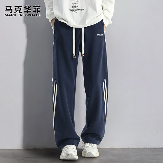 MARK FAIRWHALE pants men's winter American casual pants men's trendy sports pants sweatpants men's trousers navy blue M