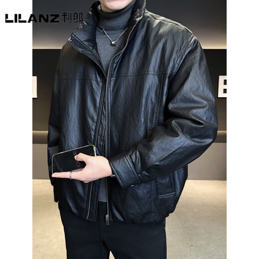 LILANZ Official Men's Leather Down Jacket Winter Thickened 2025 New Fashion Brand Style Stand Collar Short Waterproof White Duck Down Jacket Black - Flagship Model M 100-130Jin Jin is equal to 0.5 kg