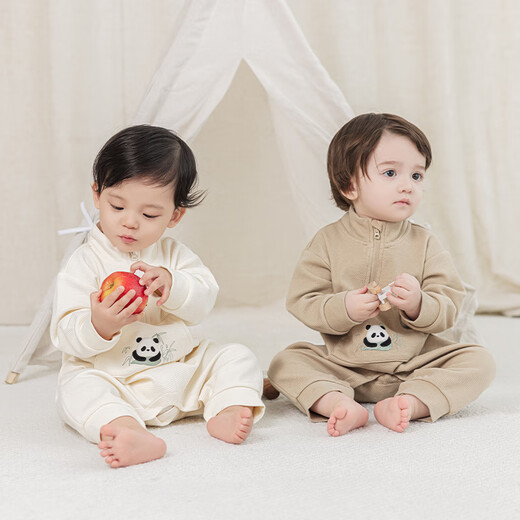 Wooden cotton baby jumpsuit spring and autumn baby long-sleeved jumpsuit for men and women at home waffle casual clothes brown 66cm