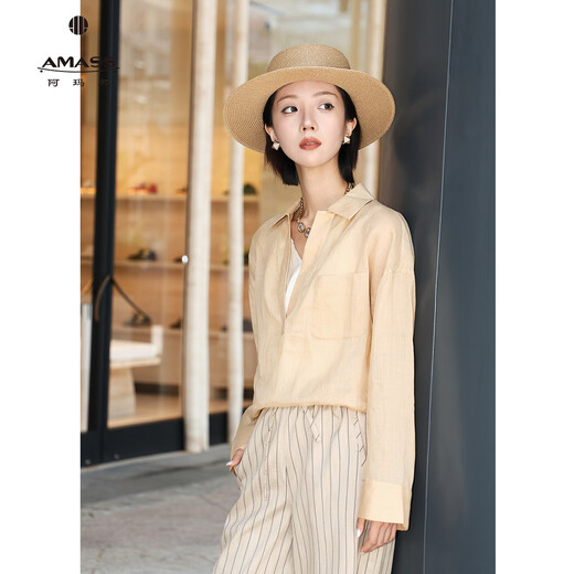 Amash new fashion simple casual long-sleeved profile lapel ramie shirt for women 530074 Khaki (73) S (2)
