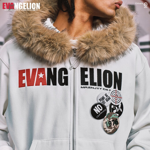 MEDMxEVA NEVER END series character sketch style fur collar zipper hoodie logo embroidered hooded sweatshirt white-Asuka L