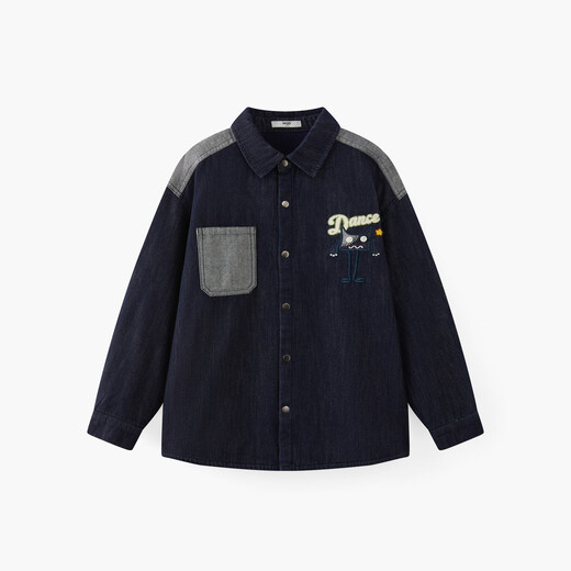MQD children's clothing boys' lapel denim shirt winter new children's spliced long-sleeved embroidered loose jacket dark denim blue 120