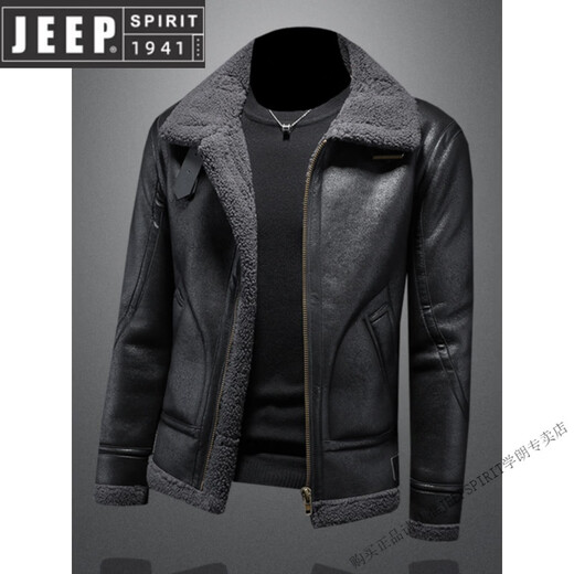 JEEP SPIRIT2025 lamb fur one-piece men's winter jacket plus velvet thickening motorcycle leather jacket men's new product black version M -115Jin Jin equals 0.5 kg