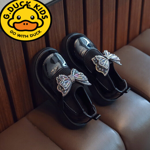G.duck little yellow duck girls leather shoes children's soft sole princess shoes 2026 autumn and winter little girls fashion single shoes plus velvet children's shoes off-white 26 inner length 16.0cm
