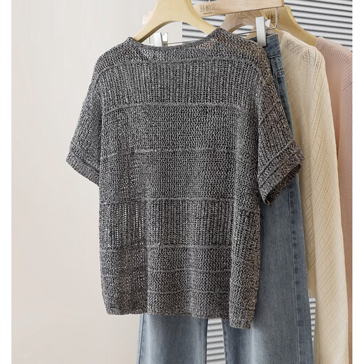 Sibaishe round neck hollow knitted sweater for women 2026 spring new fashion loose solid color age-reducing pullover top