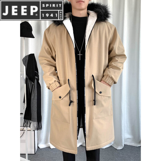 JEEP SPIRIT velvet thickened windbreaker men's hooded parka Hong Kong style coat winter and autumn coat youth mid-length large pocket men's black M