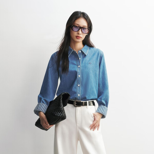 Peacebird long-sleeved slightly wide denim shirt 26 spring women's new cuff inner stripe contrast fashion shirt denim medium blue L 165