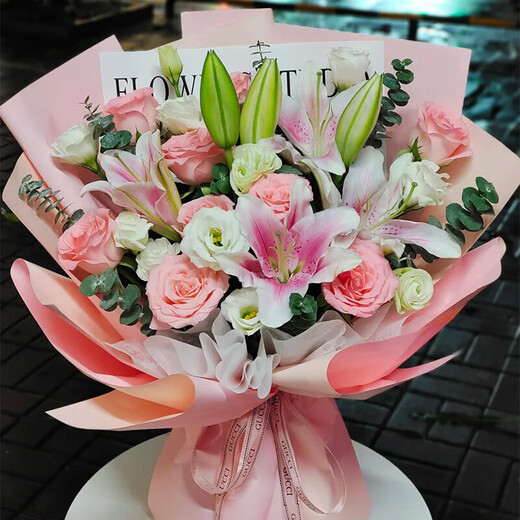 Flower Express red roses and lilies bouquet for girlfriend and wife’s birthday gift nationwide citywide delivery 11 pink roses and pink lilies bouquet