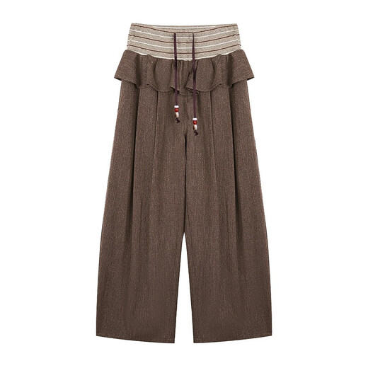 Hanoufei Nomad Series Saotome Keiko saotome Japanese retro ruffle knitted splicing wide-leg trousers brown low-waisted style S