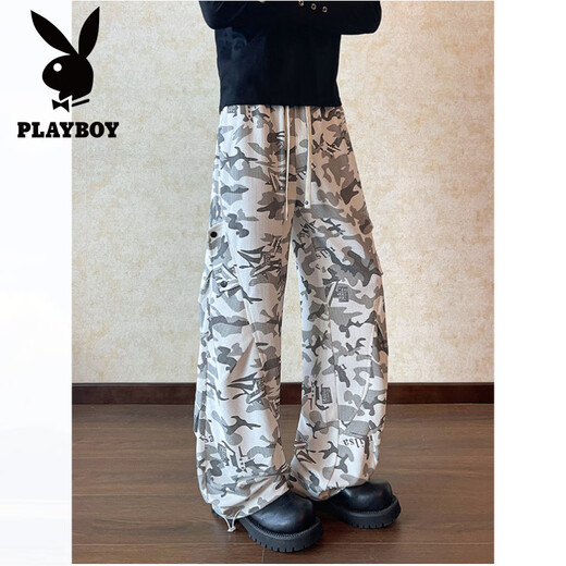 Playboy (PLAYBOY) American high street pleated casual pants for men in spring, plus size, trendy fat people, loose drawstring straight wide leg camouflage pants, gray M