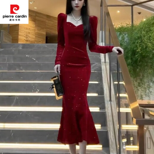 Pierre Cardin New Year's shirt Hepburn style velvet little black dress temperament slim dress long skirt French hip dress women autumn and winter black M 100-110Jin Jin is equal to 0.5 kg