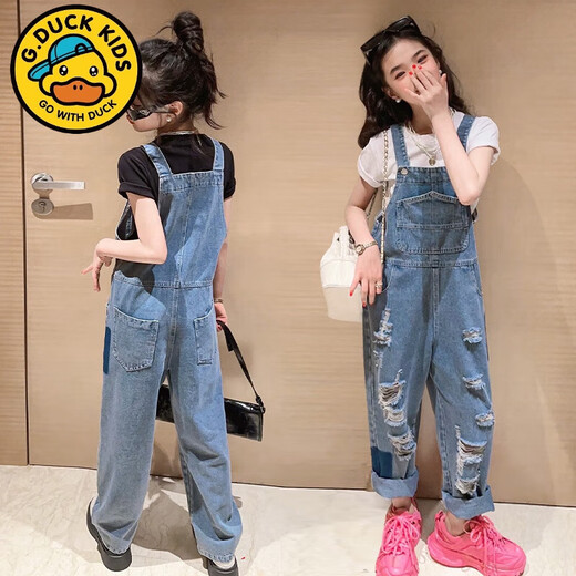 迪士尼（Disney）女童背带裤套装洋气春夏装中大童牛仔背带裤女孩子夏装短袖两件套 黑色T恤+背带裤套装 150