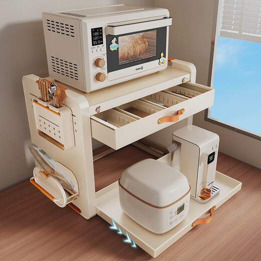 He Jiagong kitchen countertop microwave oven rack pull-out multi-function oven rice cooker pot appliance storage starry sky gray - extra thick thick large capacity drawer pull-out type double layer 59CM + chopstick barrel + pot