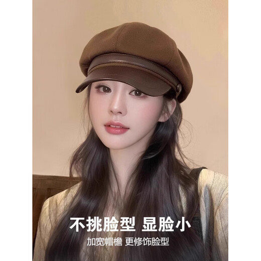 Octagonal Hat Women's Autumn and Winter Beret Women's Spring and Autumn Korean Style Versatile Face-Showing Small Octagonal Hat Literary Retro Newsboy Hat Black M (54-60cm)