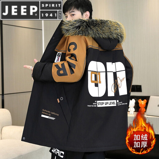 JEEP SPIRIT中长款派克服男冬季新款棉衣加绒加厚棉服连帽风衣外套保暖棉袄子 黑咖-带毛领 2XL 约140-160斤可穿