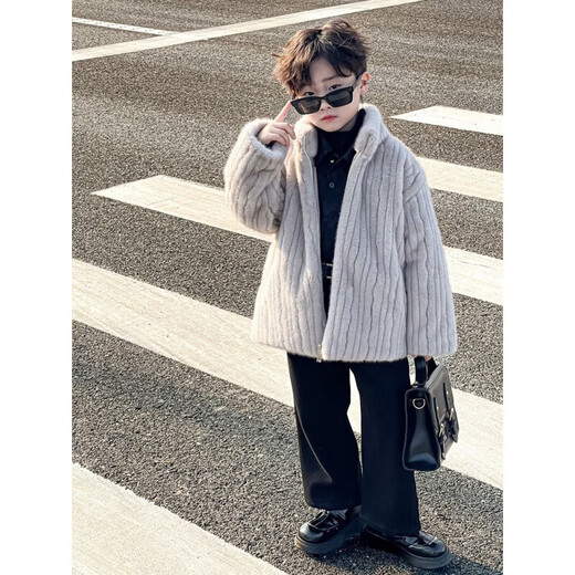 Burwilde International Brand Boys' Imitation Fur Jacket Western Style Thickened Warm Children's Fur Coat Winter Style Imitation Mink Light Gray 90