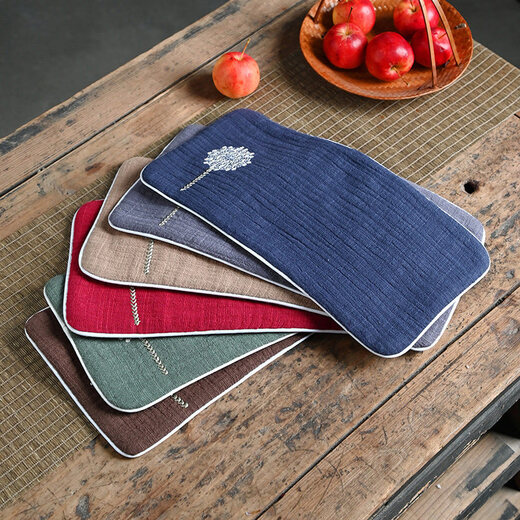 Guangyi cotton and linen thickened tea towel tea tablecloth waterproof tea ceremony mat Chinese style Zen Kung Fu tea ceremony embroidery travel tablecloth Navy/Dandelion (length 29CM width 15CM)