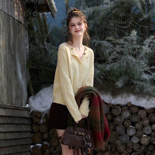 Sancai 2026 Spring New Flower Lapel Sweater Sweater Simple Long Sleeve Cardigan Jacket Casual M