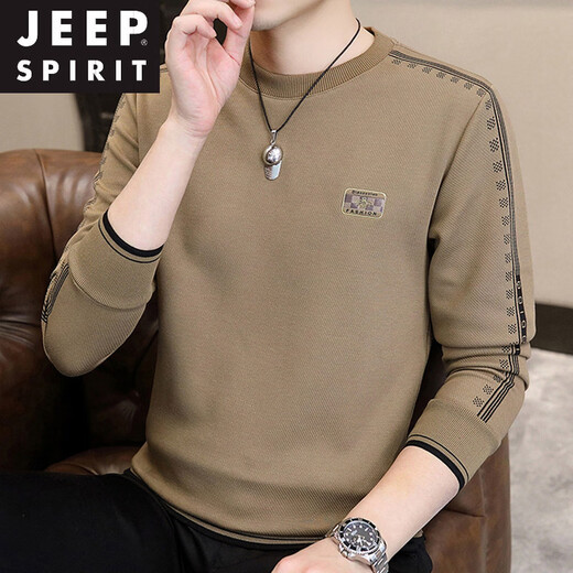 JEEP SPIRIT sweatshirt men's 2025 autumn and winter new men's long-sleeved T-shirt versatile inner layering shirt men's tops plus velvet 23429 black thickened 4XL about 170-185Jin Jin equals 0.5 kg can be worn