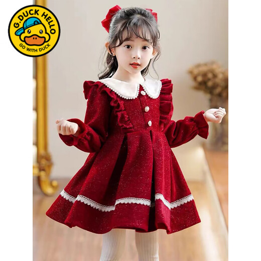 G.duck girls dress autumn and winter 2025 new velvet winter girl red annual dress children princess skirt winter red spring and autumn 90 cm