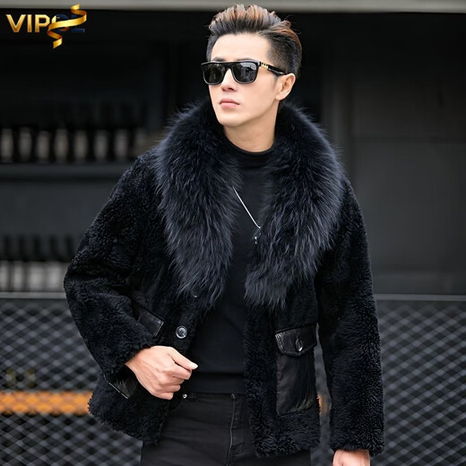 VIPOL's new Haining imitation leather raccoon dog fur collar sheep sheared jacket men's short fur one-piece thickened thick jacket black mink style fur one-piece lining 3XL 160Jin Jin equals 0.5kg ---180Jin Jin equals 0.5kg