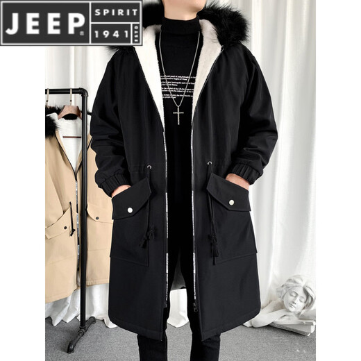 JEEP SPIRIT velvet thickened windbreaker men's hooded parka Hong Kong style coat winter and autumn coat youth mid-length large pocket men's black M