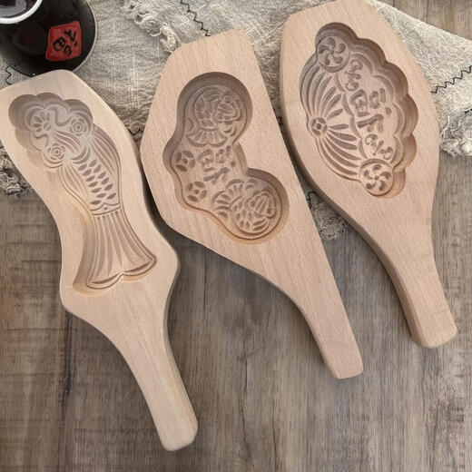 Huan Huan large steamed fish steamed buns solid wood mold for Chinese New Year making flower buns, longevity peach card flower cakes wooden tools, medium longevity peach 9 cm