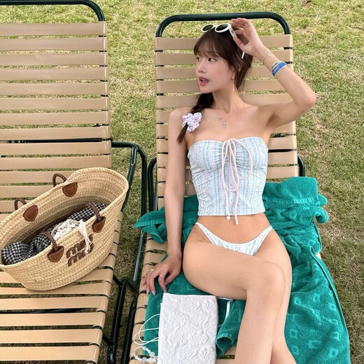 Meet the Wardrobe Swimsuit Women's Pure Lust Style Hot Girl Tube Top Strappy Floral Bikini Small Breasts Gathered Seaside Vacation Sexy Swimsuit Summer Red M