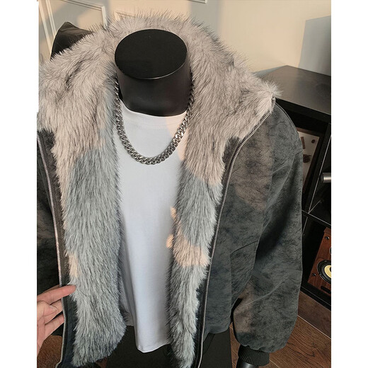 Luyal Mountain Carved Fur Collar PU Leather Cotton Clothes Men's Winter Plush Thickened Jackets American Hiphop Handsome and Versatile Cotton Clothes Beige XL