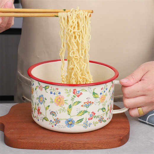 Tuojin German imported quality thickened enamel fast food cup with lid instant noodle bowl student dormitory large bowl cartoon lunch box food white 15CM_thick red edge meal cup (customizable LOGO)