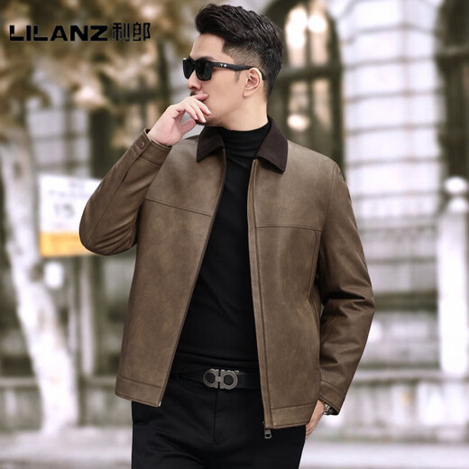 LILANZ official autumn and winter velvet thickened down leather jacket men's American retro lapel goose down warm motorcycle leather jacket brown 90% goose down lining - flagship model M 170 recommended 90-110 Jin Jin equals 0.5 kg