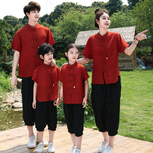 Fangtou loves each other, family portrait clothes, Republic of China style parent-child clothing, summer family portrait, Hanfu T-shirt trend 1 red single top 90 children (16-23Jin Jin is equal to 0.5 kg)